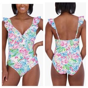 Stella Parker Ruffle Maillot Floral One Piece Swimsuit Women’s Size Large NEW